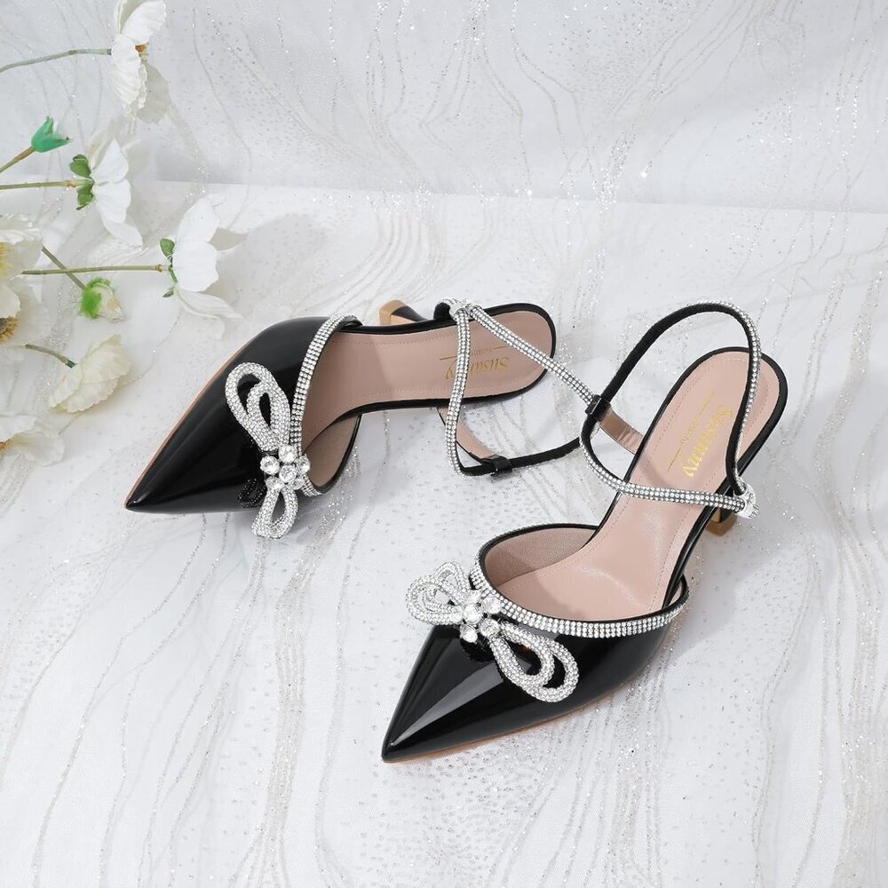 Women's Black 2 Closed Toe Rhinestone Wedding Low Slingback Clear Kitten Heels